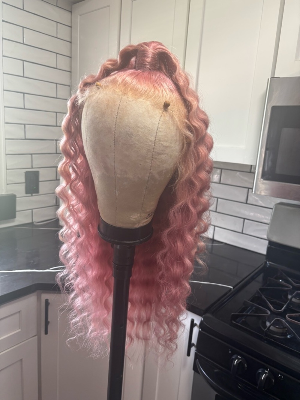 Human Hair Lace Front Wig- Long Wavy Pink Blonde Unit - Picture 6 of 8